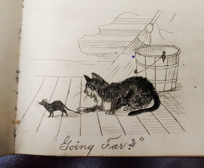 Drawing of a cat that has caught a mouse by the tail, and the words "Going far?"
