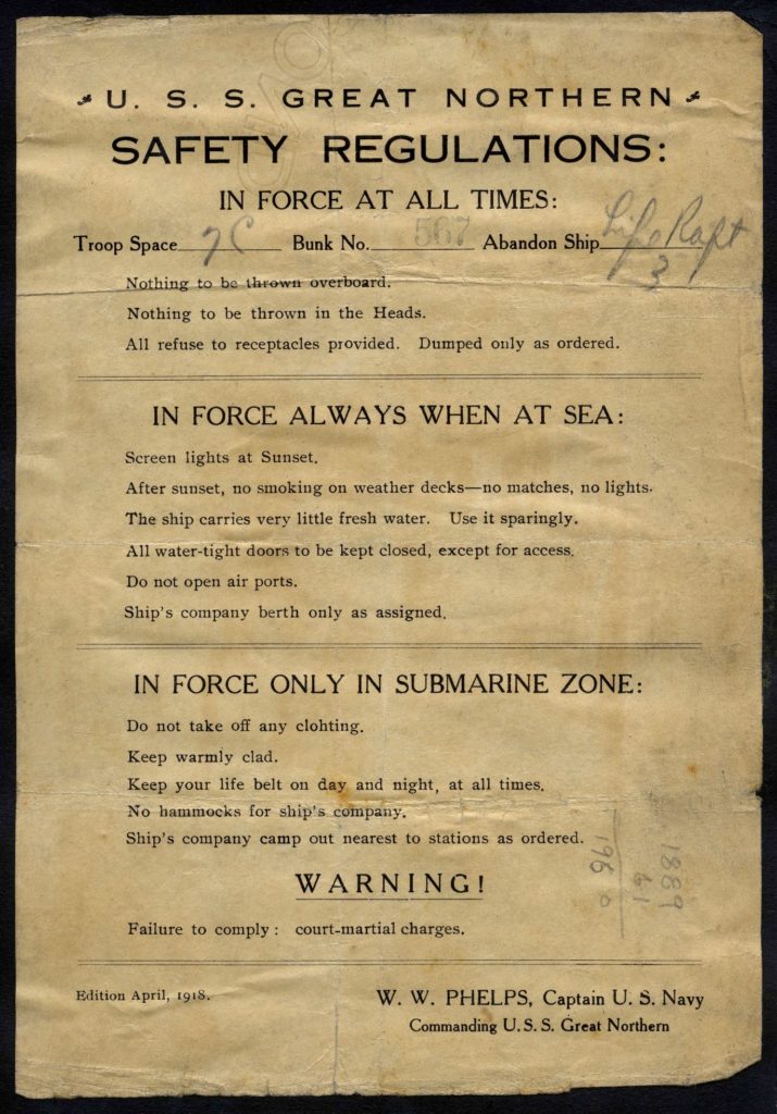 Safety Regulations Notice document from the USS Great Northern