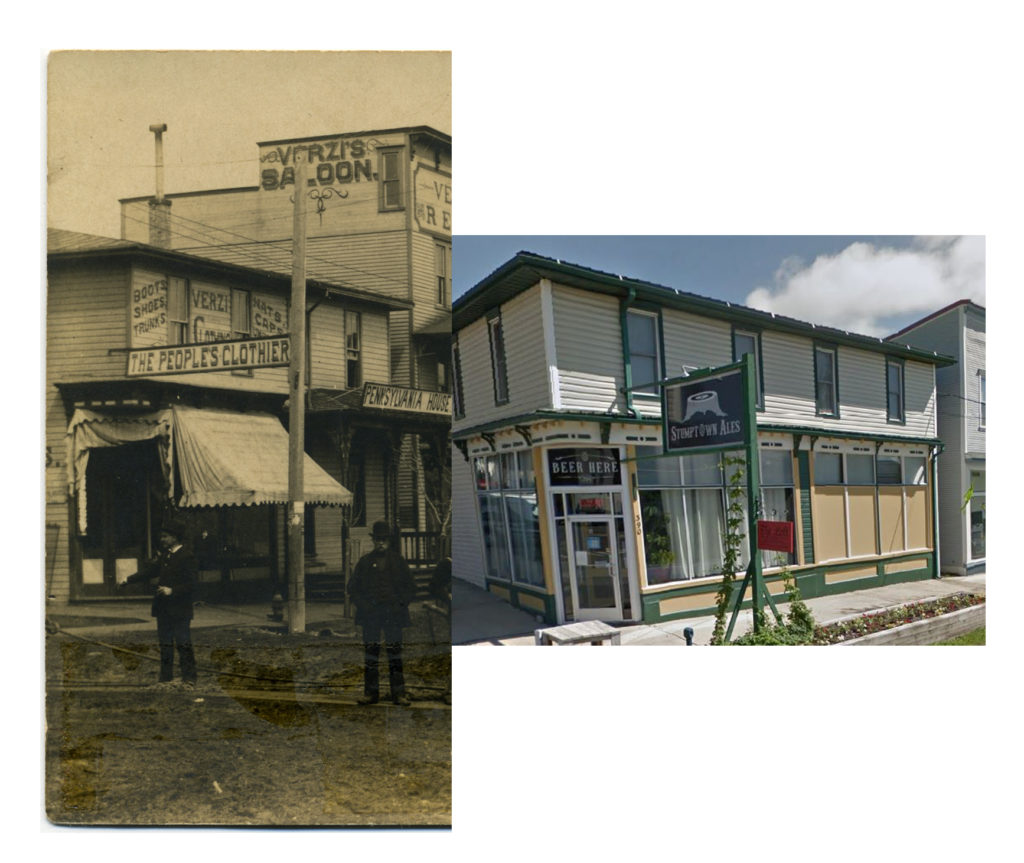 Image of old street and buildings next to modern image of same street and buildings