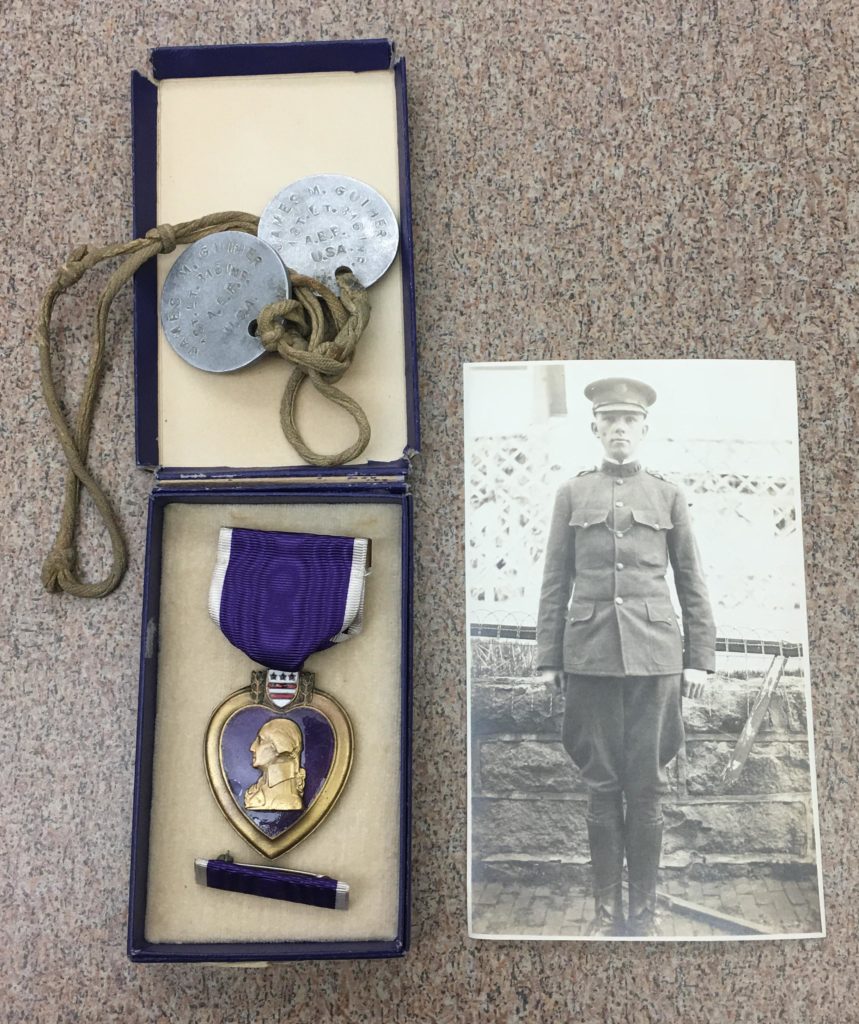 Photograph, Purple Heart, and Tags belonging to James Guiher Sr., ca. 1918