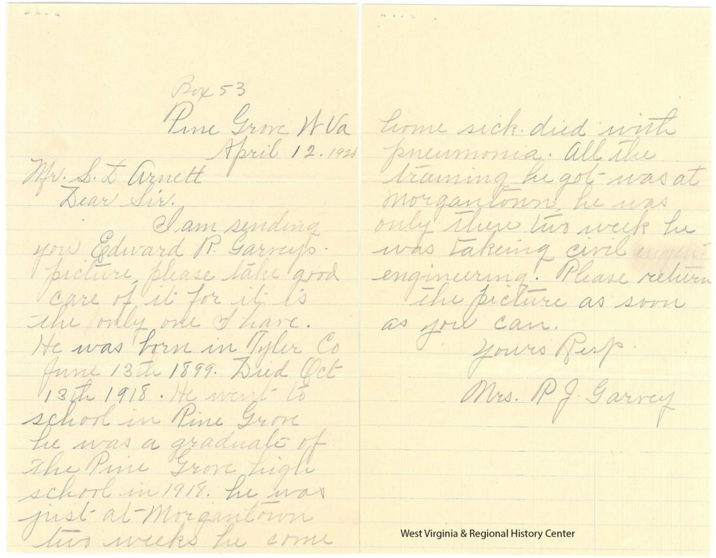 Two pages of handwritten letter about a memorial for Edward Garvey