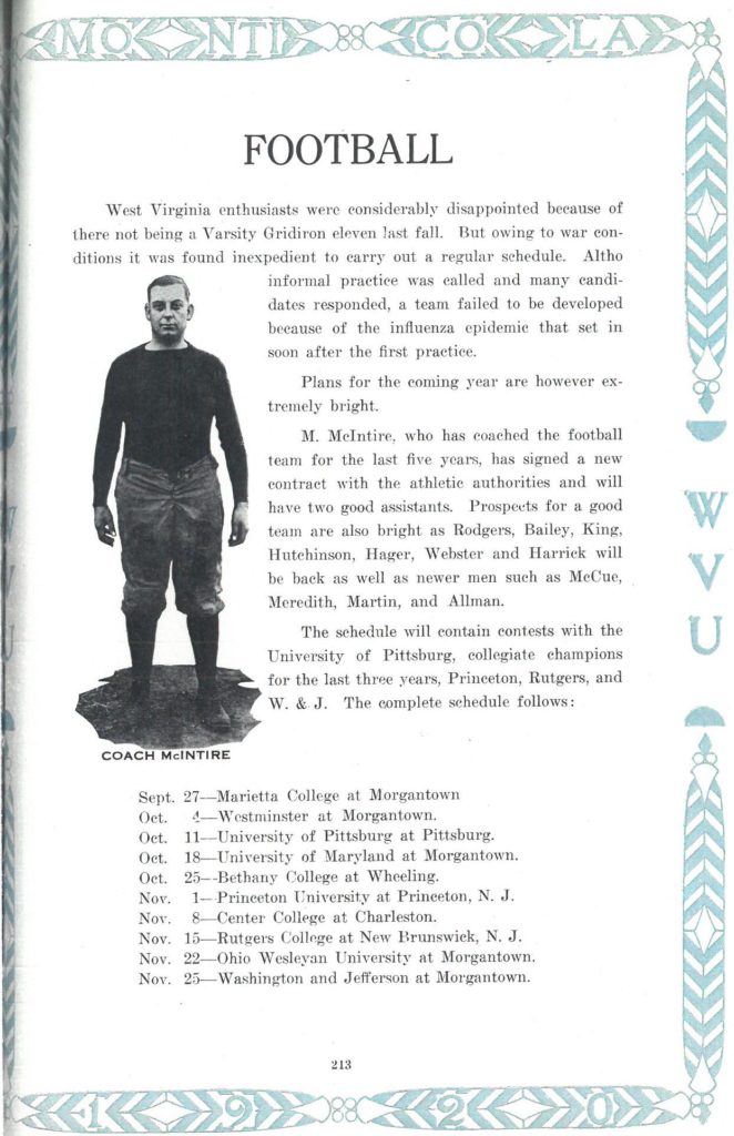 Football page from Monticola yearbook, showing player and text about WVU football program 1920