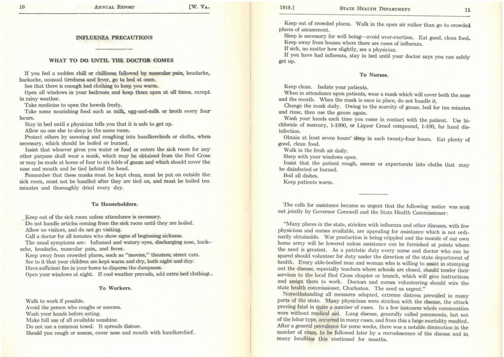 Two pages of Influenza Precautions in the West Virginia State Health Department Annual Report, 1918-1919