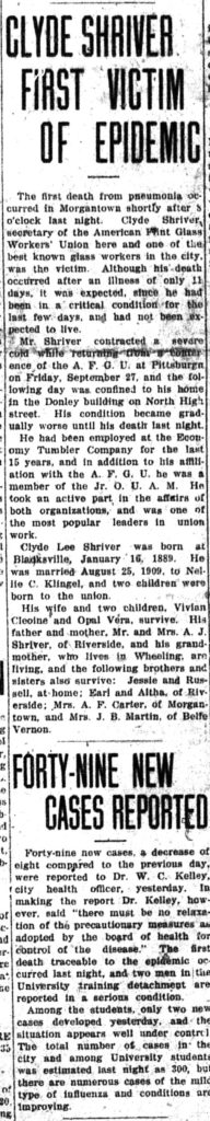 Clipping from newspaper with headlines “Clyde Shriver First Victim of Epidemic” and “Forty-Nine New Cases Reported” Morgantown New Dominion, October 9, 1918