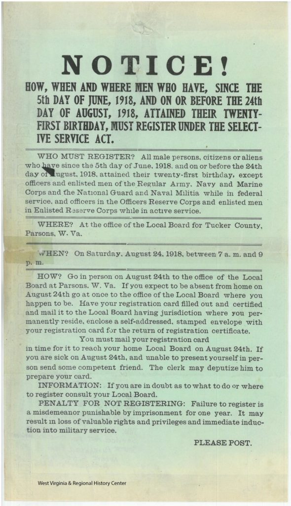 Broadside on blue-green paper, "Notice!" from Parsons, Tucker County, W. Va., 1918