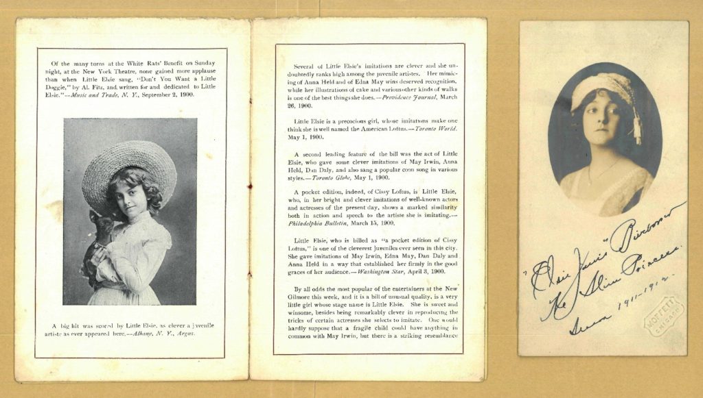 Booklet "marketing" Elsie Janis as a child star, next to a photo of Elsie Janis