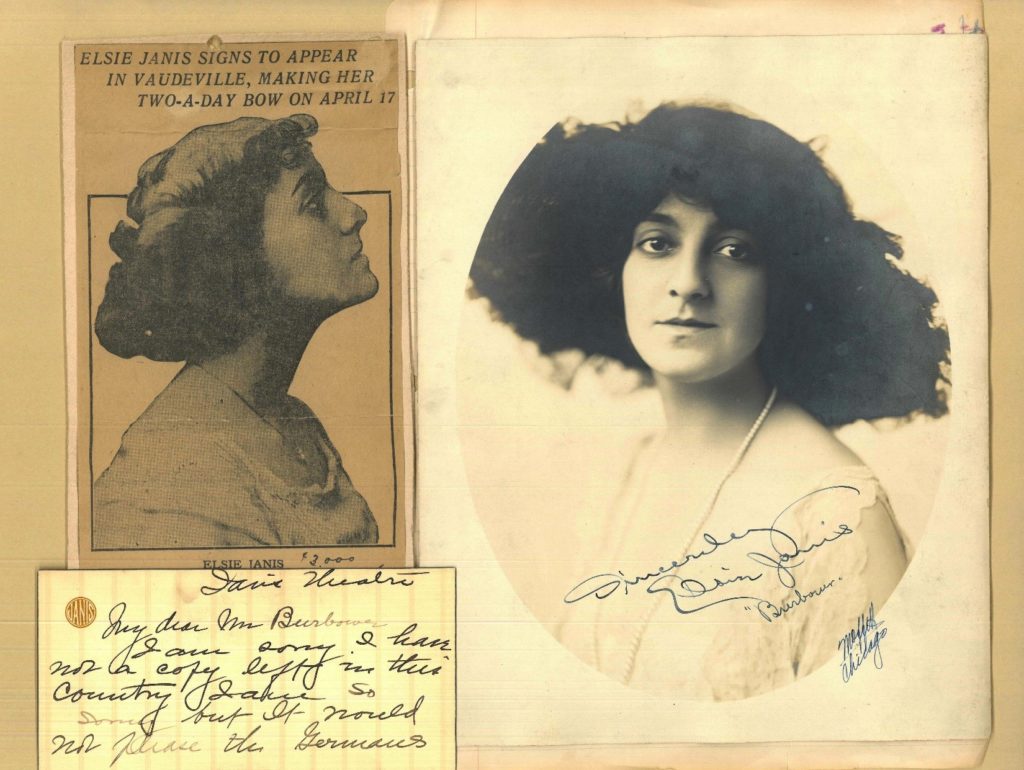 Newspaper clipping about Elsie Janis, note card in her handwriting, and a portrait photo of her