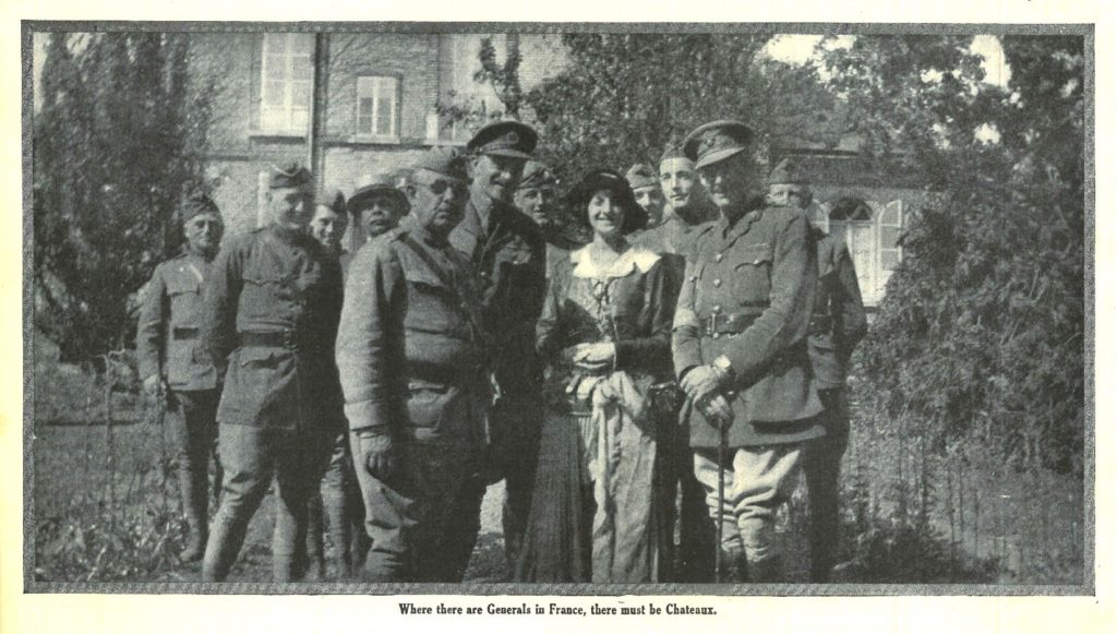 Outdoor photo of Elsie Janis meeting officers and generals of the AEF