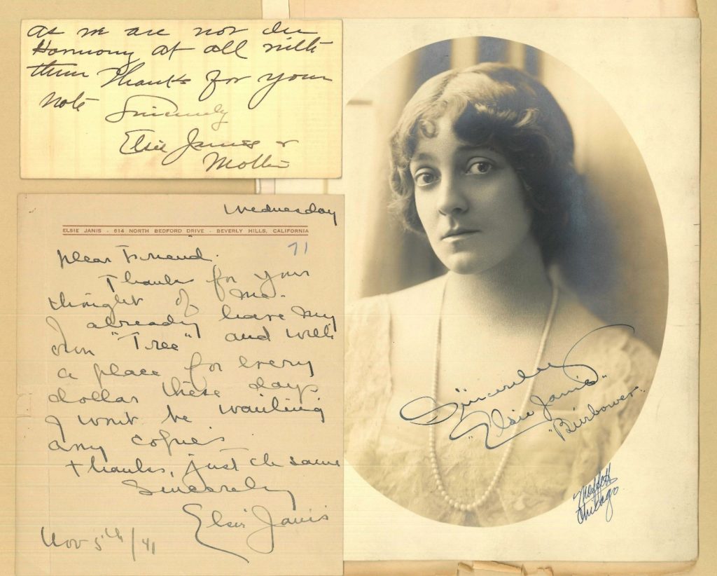 Notes by Elsie Janis and portrait photo of her