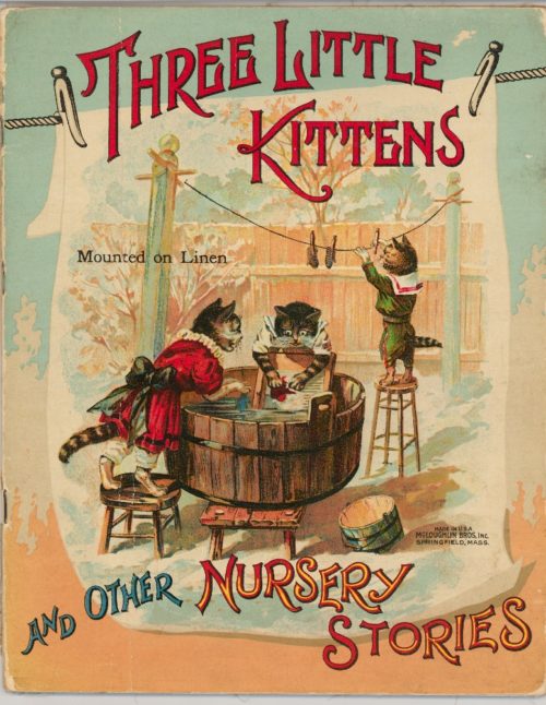 Book cover of Three Little Kittens, showing two kittens washing clothing in a tub and one kitten hanging items up to dry on a line.