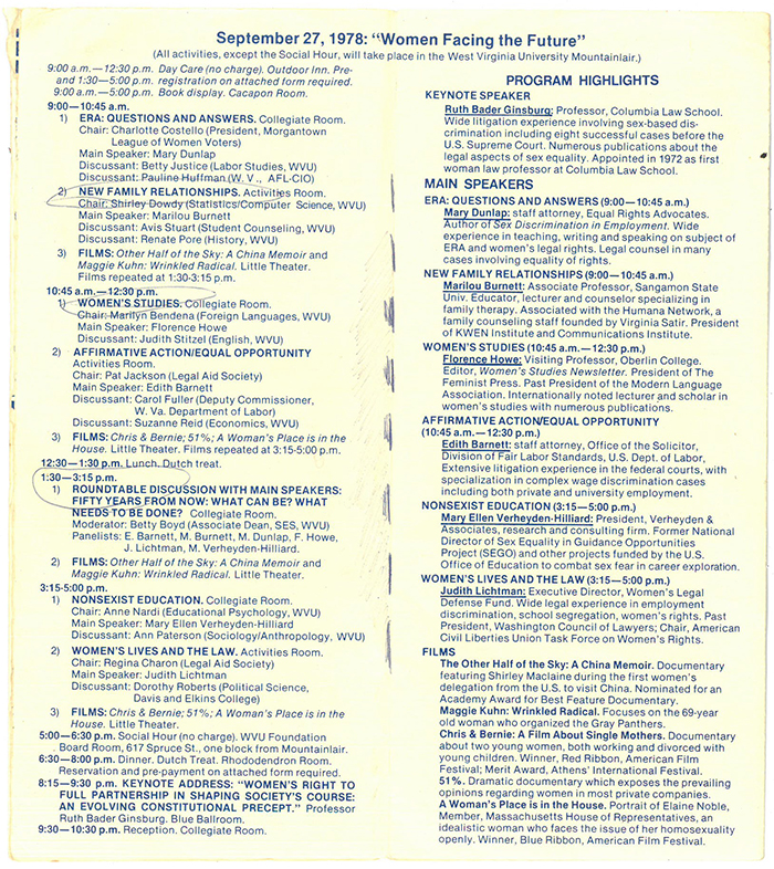Inner pages of September Festival of Women brochure from 1978, listing schedule of events