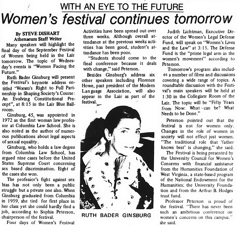 Clipping from the Daily Athenaeum, September 26, 1978. about the women's festival, with image of Ginsburg