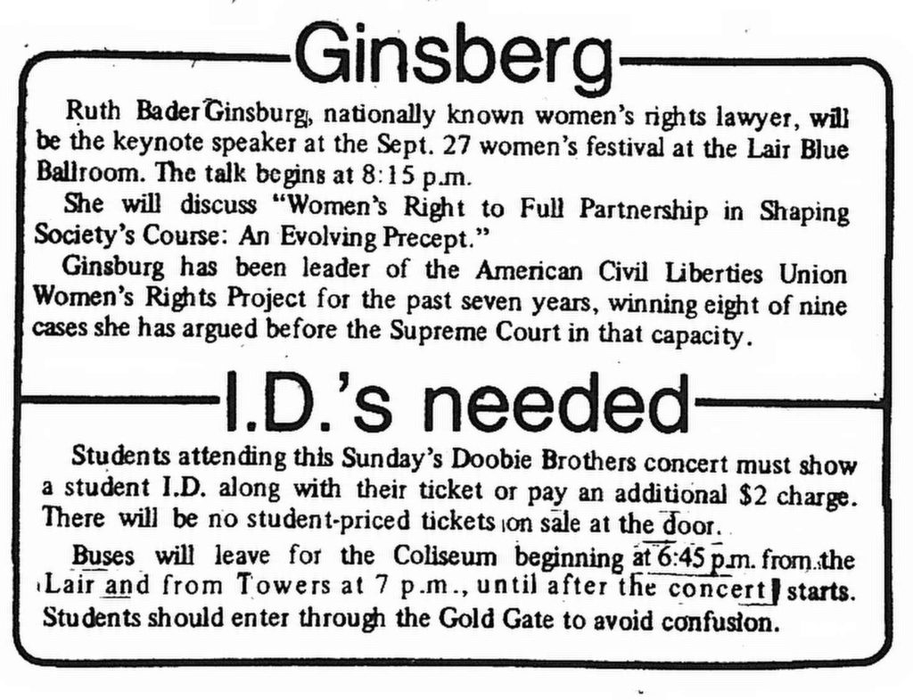 Clipping from the Daily Athenaeum, September 25, 1978, advertising Ginsburg's upcoming keynote speech as well as a Doobie Brothers concert