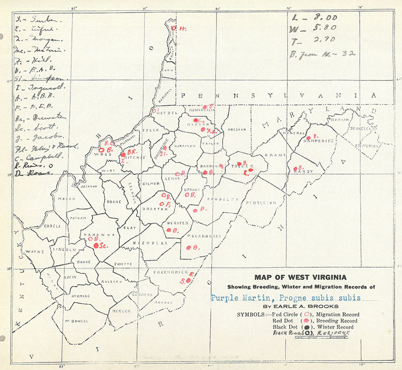 Map of West Virginia showing sighting and breeding spots for the Purple Martin