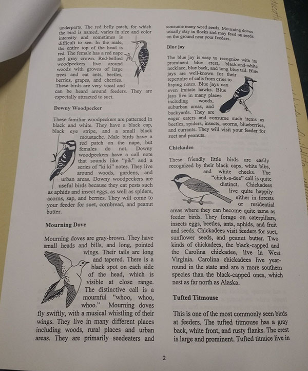 page showing descriptive text and/or images for the following birds: Downy Woodpecker, Mourning Dove, Blue jay, Chickadee, Tufted Titmouse