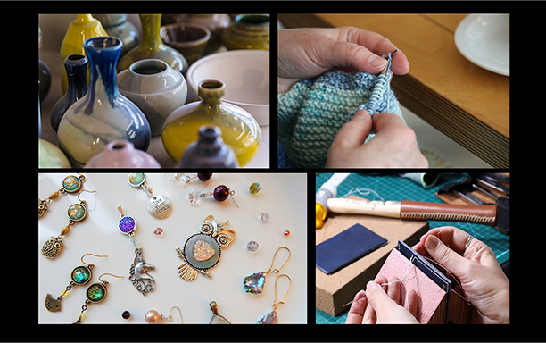 Collage of pottery and jewelry