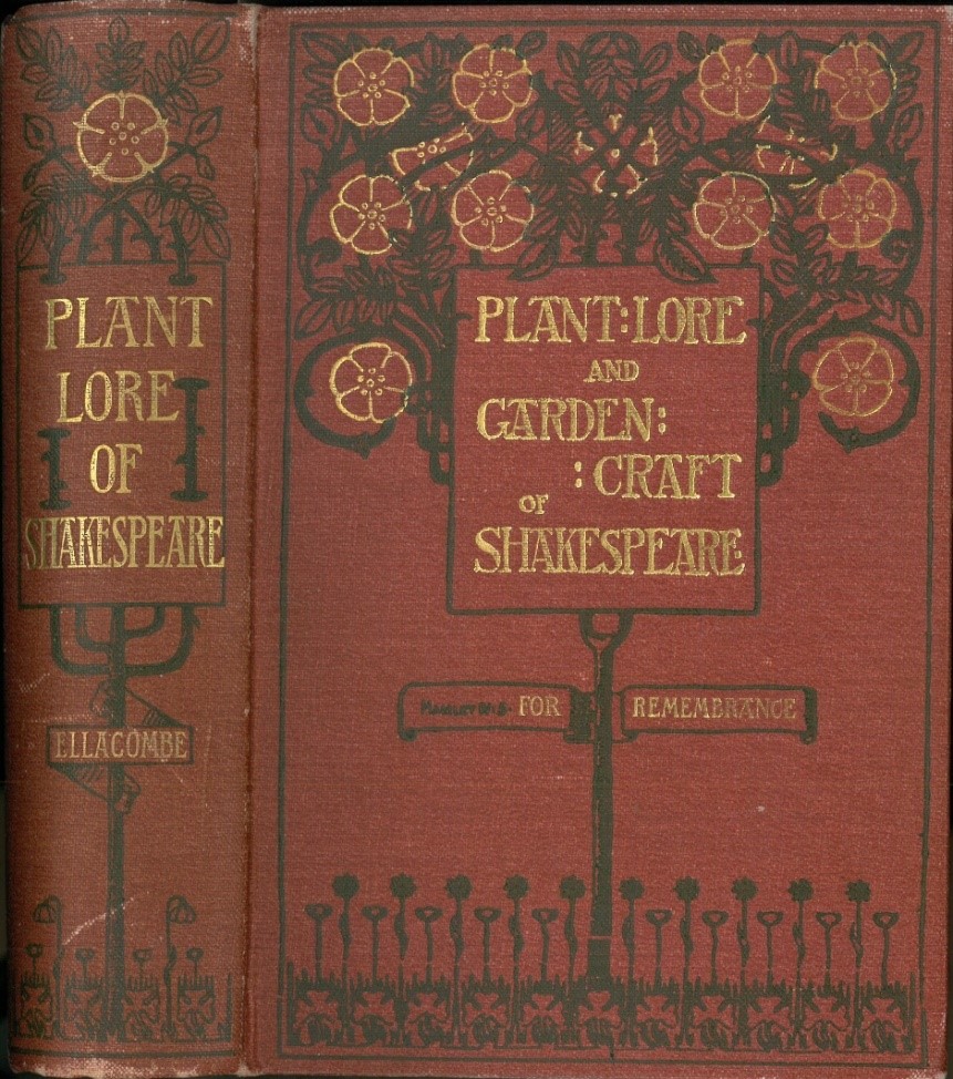 Book cover of "Plant-Lore and Garden Craft of Shakespeare"; red cover with gold lettering, and gold and green flowering vine design