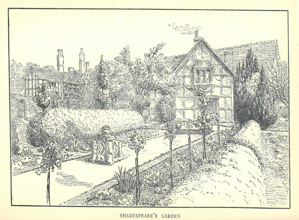 Sketch of "Shakespeare's Garden" showing a house with trees, bushes, and other plants around it