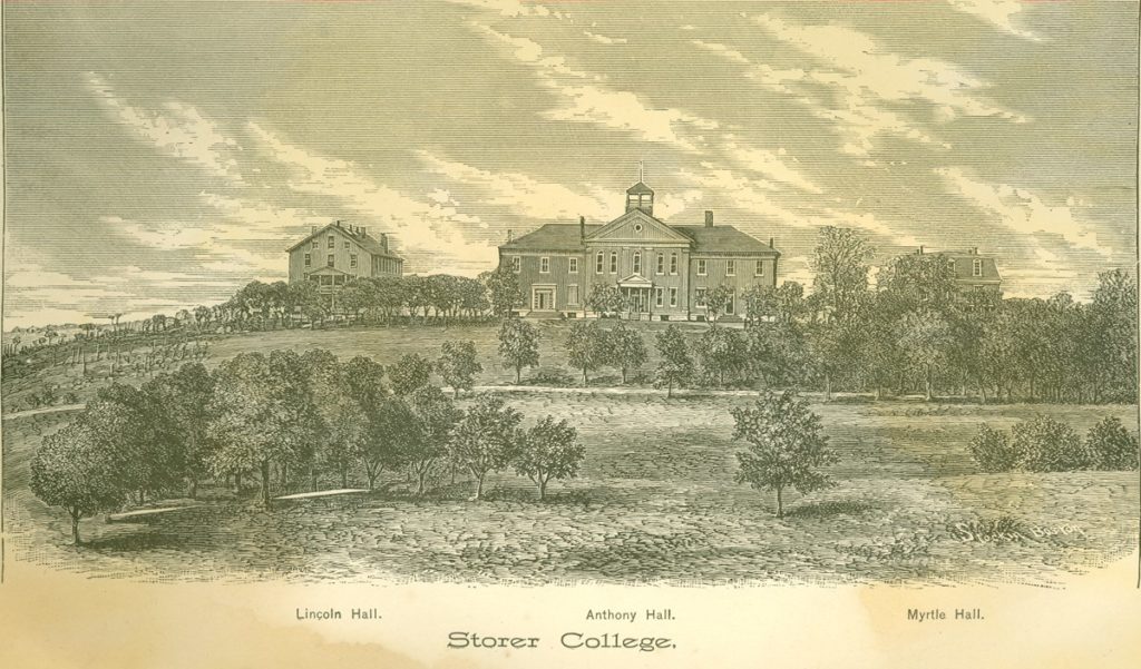 Sketch of Storer College campus, showing a field of trees in front of Lincoln Hall, Anthony Hall, and Myrtle Hall