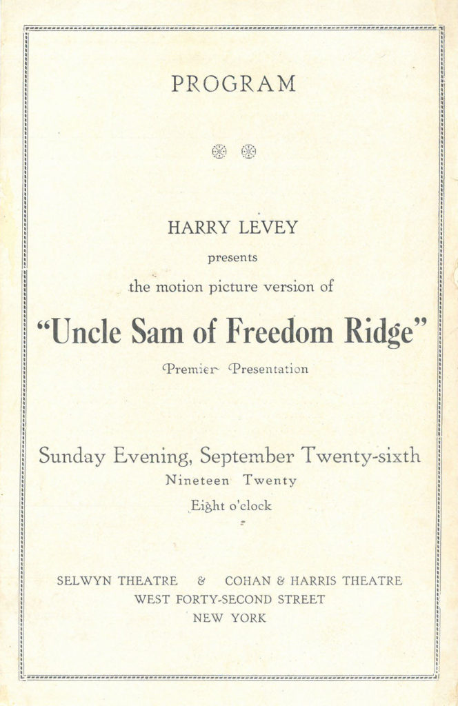 Cover of program for the premier presentation of "Uncle Sam of Freedom Ridge" on September 26, 1920, at Selwyn Theatre & Cohan & Harris Theatre, New York