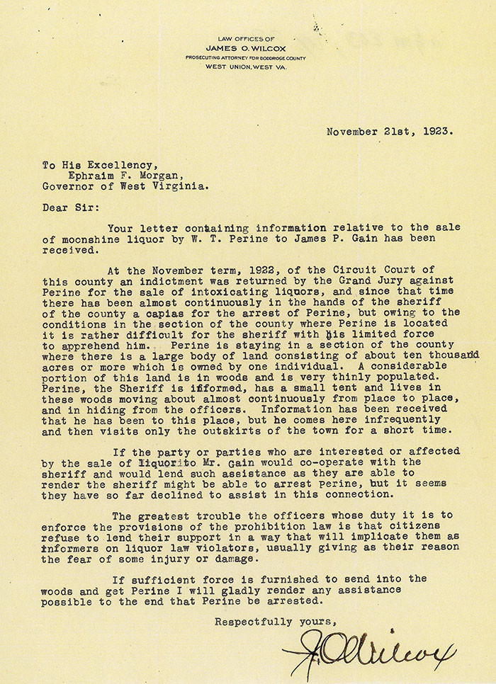 Letter from James O. Wilcox to Ephraim F. Morgan, Governor of West Virginia, in 1923