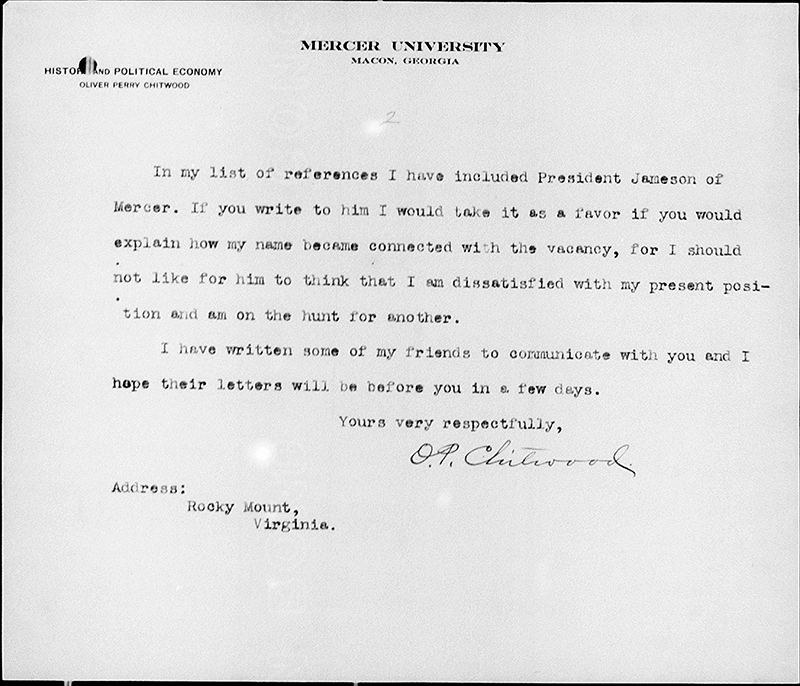 Second page of a letter on Mercer University letterhead, signed by O.P. Chitwood