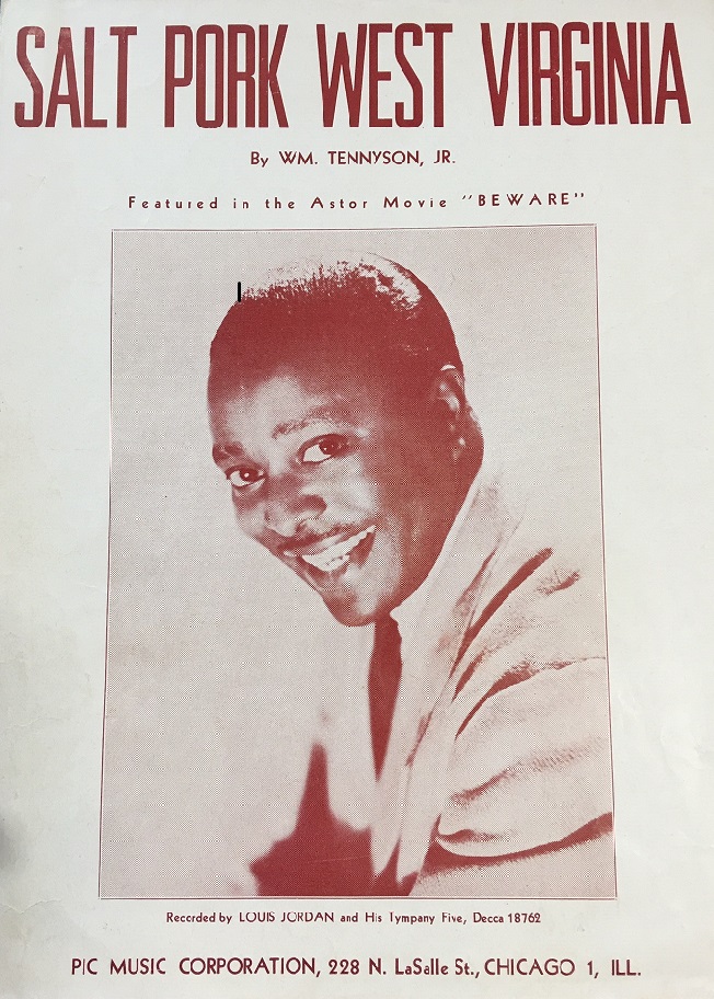 Cover of Salt Pork West Virginia sheet music, showing a photo of Louis Jordan