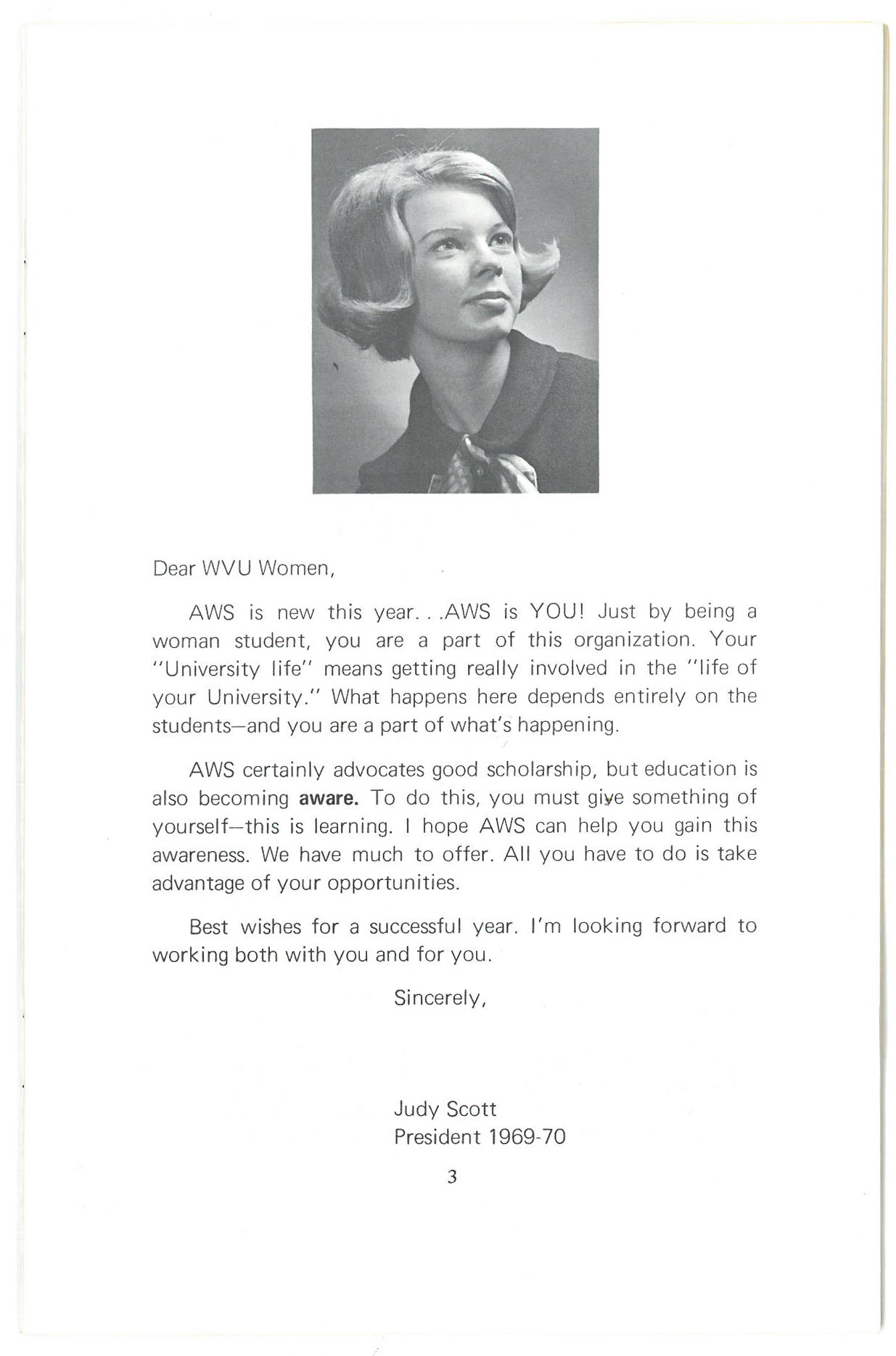 Headshot of Judy Scott, with letter about getting involved in AWS.