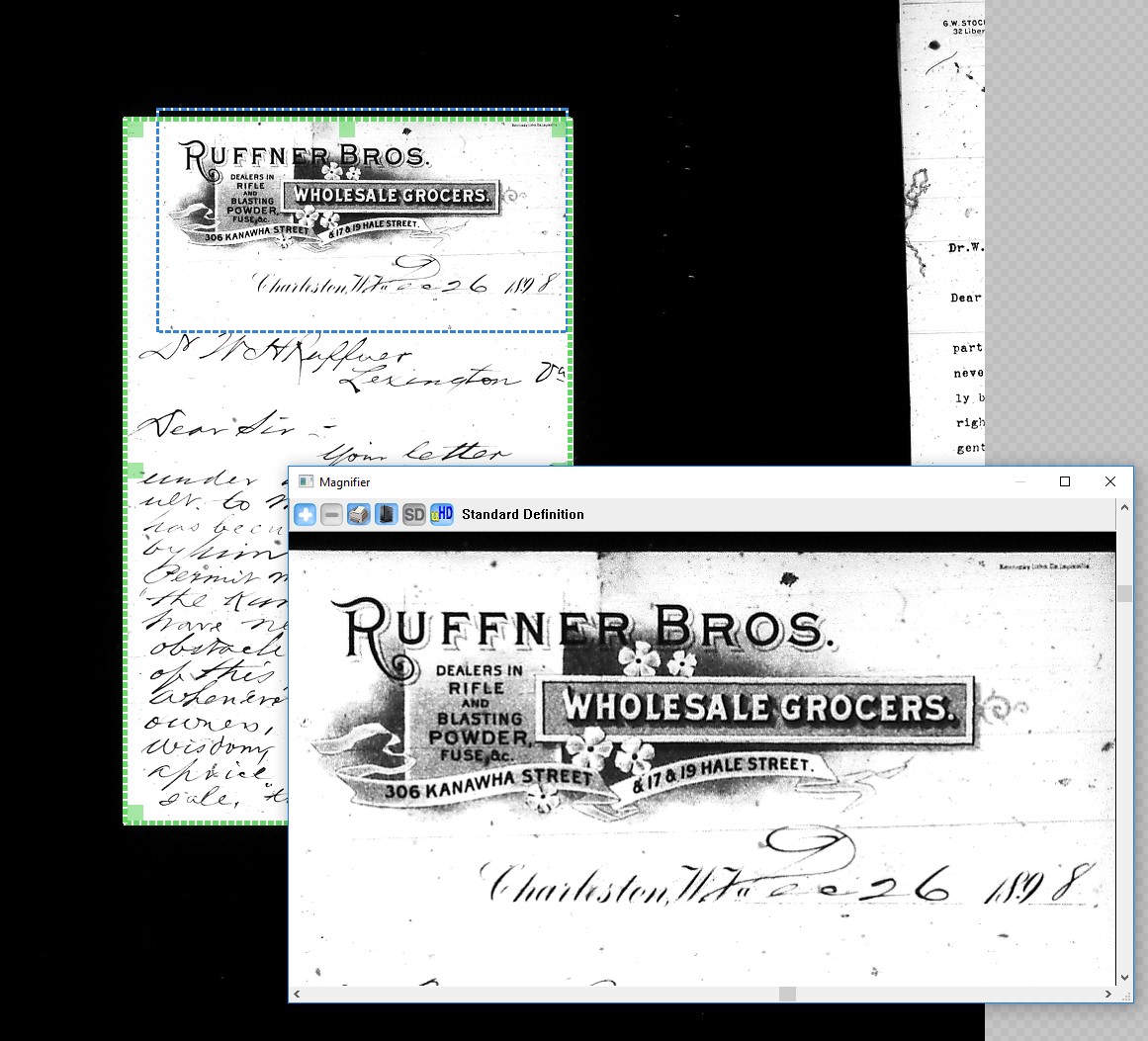 Screenshot of ScanPro software, showing historical letter with enlarged picture of letterhead of the Ruffner Bros. Wholesale Grocers