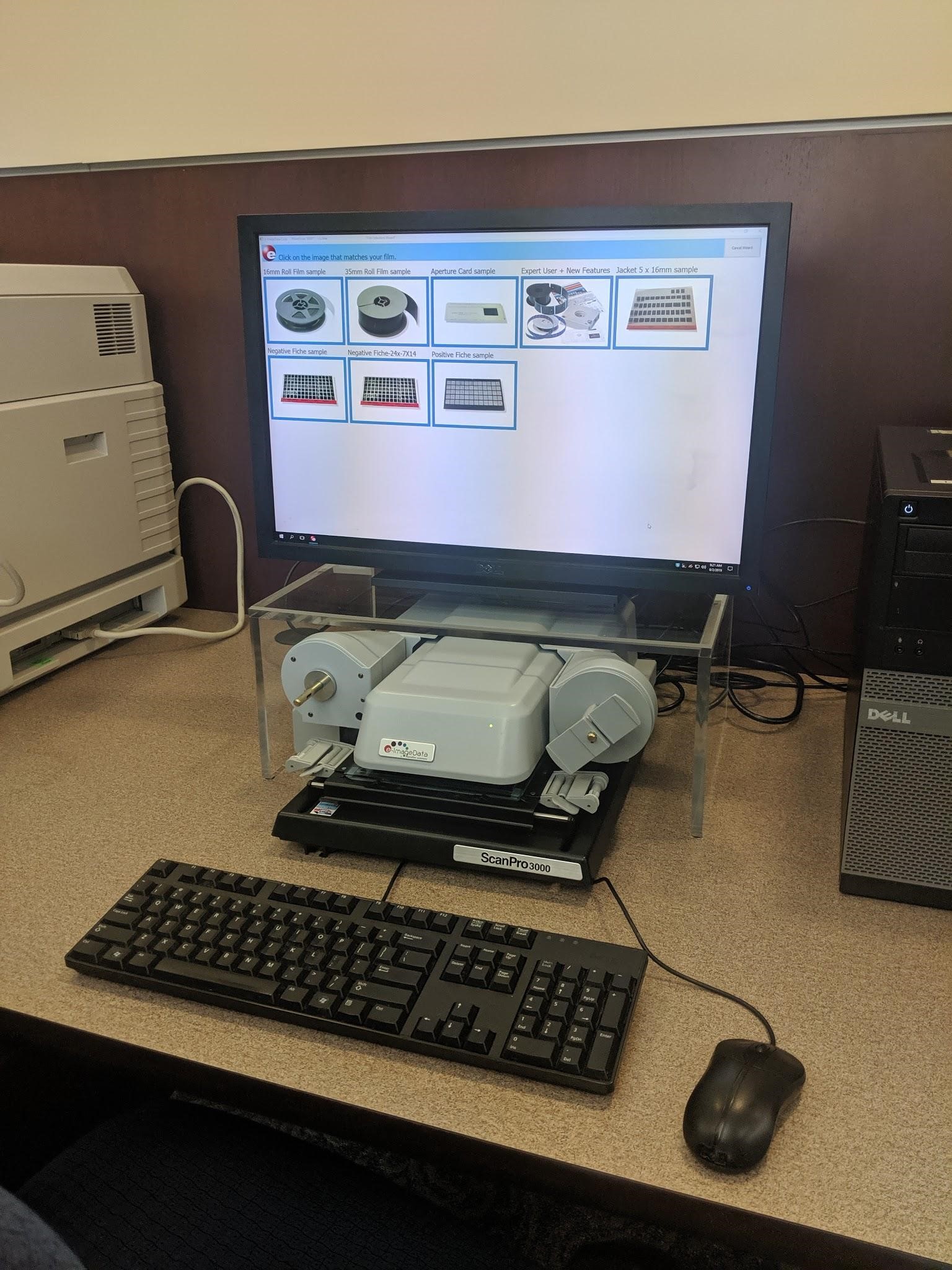 Computer monitor, keyboard, and mouse with ScanPro microfilm reader/scanner