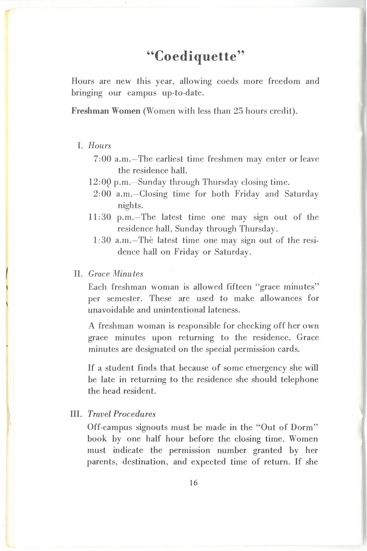 Page of text titled "Coediquette" with information about hours first year women could leave and return to their dorms, "grace minutes" for lateness, and travel procedures.