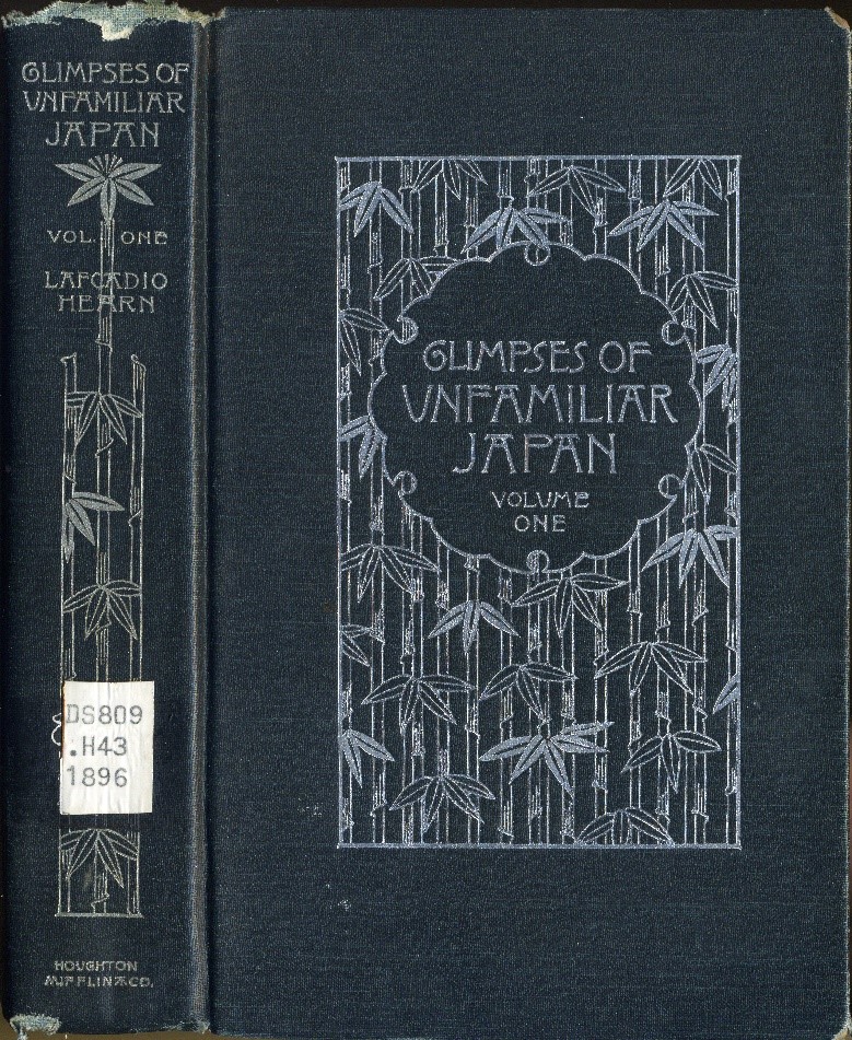 Book spine and cover of Glimpses of Unfamiliar Japan, with bamboo motif