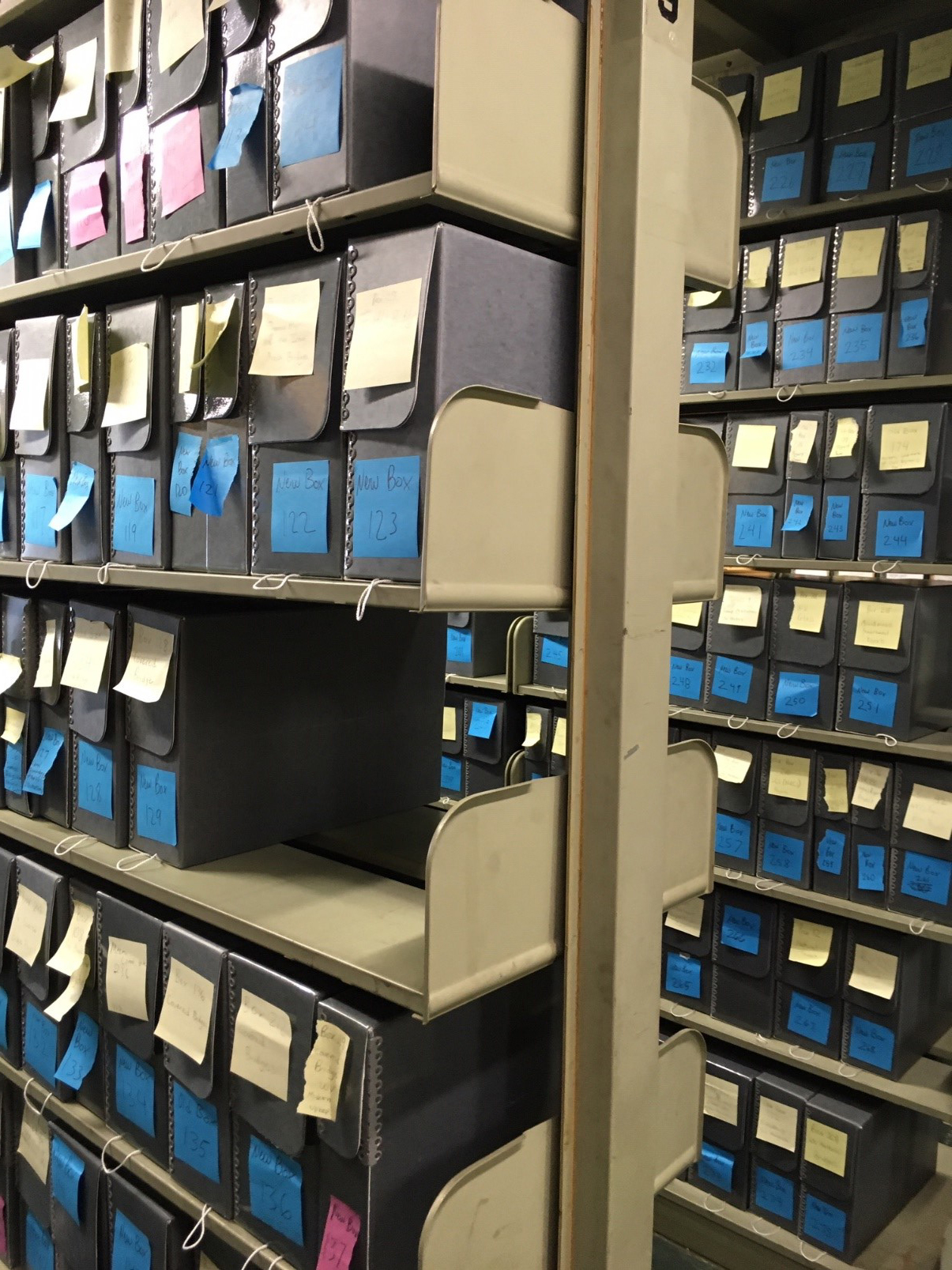 Document cases marked with post it notes, arranged on shelves