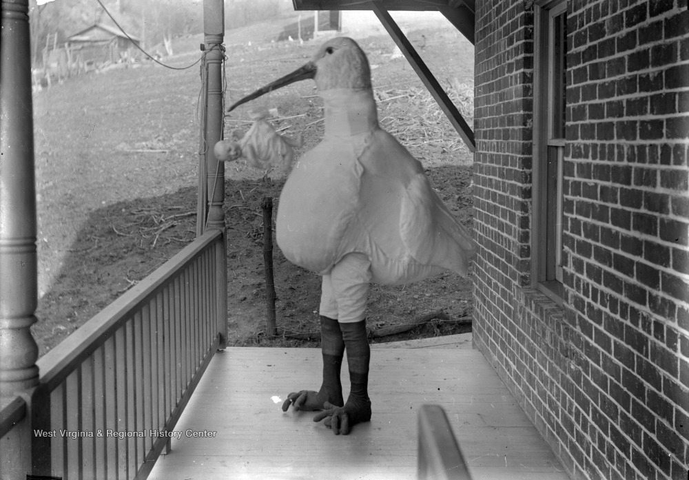 Person standing on porch in stork costume, with beak holding a baby doll.