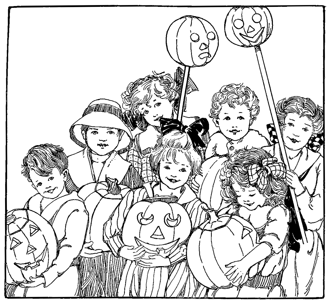 Sketch of children carrying jack-o-lanterns