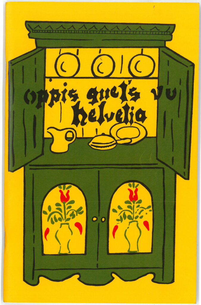 Cover of book showing title "Oppis Guet’s Vo Helvetia" and a green china hutch.