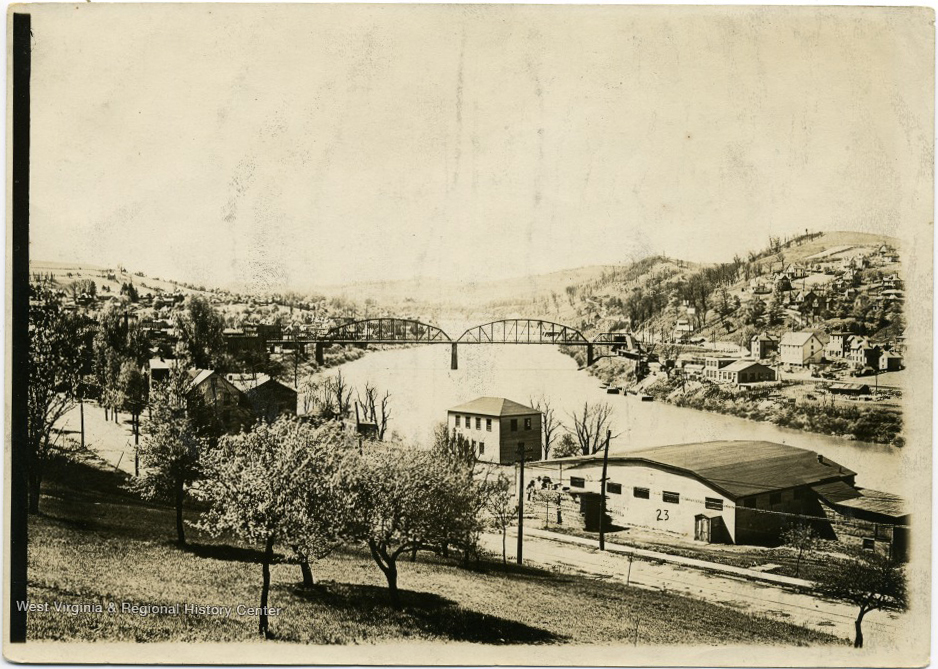 Landscape view of Morgantown, the Monongahela River with the Westover Bridge, and Westover, ca. 1916.