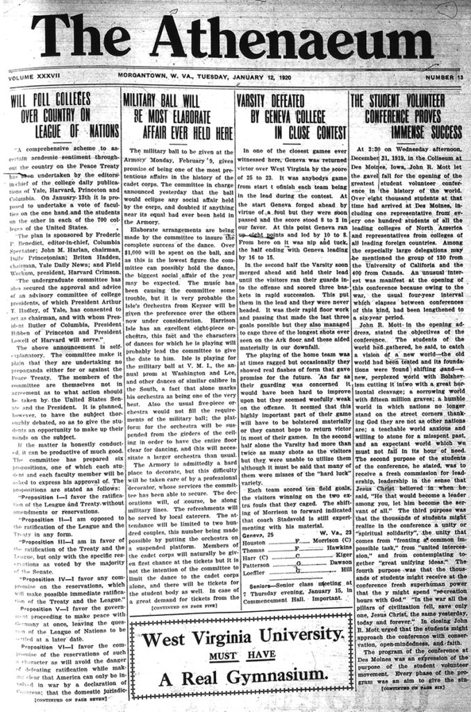 First page of newspaper The Athenaeum, January 12, 1920, with mostly text