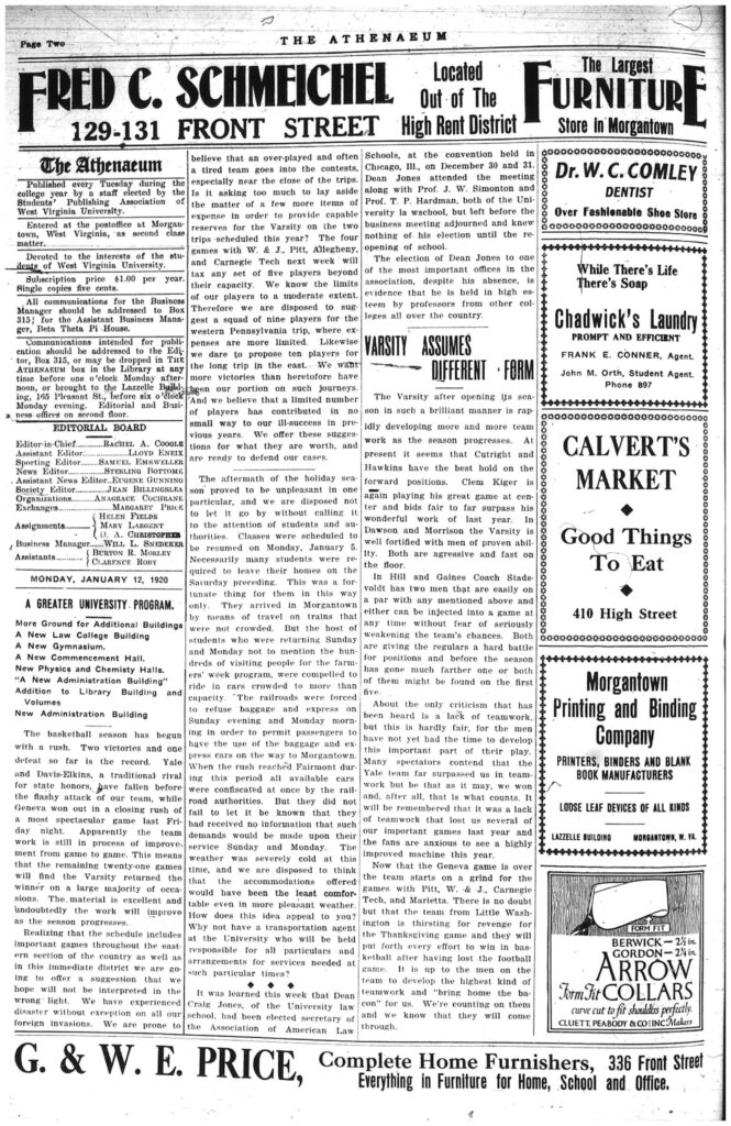 Second page of the Athenaeum newspaper, including text and ads