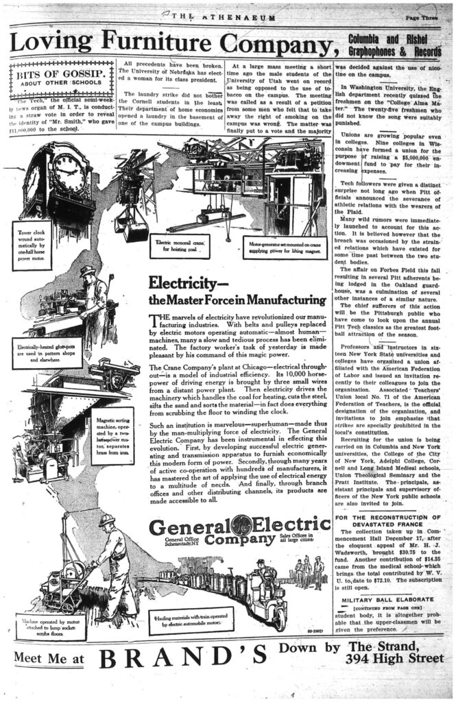 Third page of the Athenaeum newspaper, including text and a large ad with pictures for General Electric