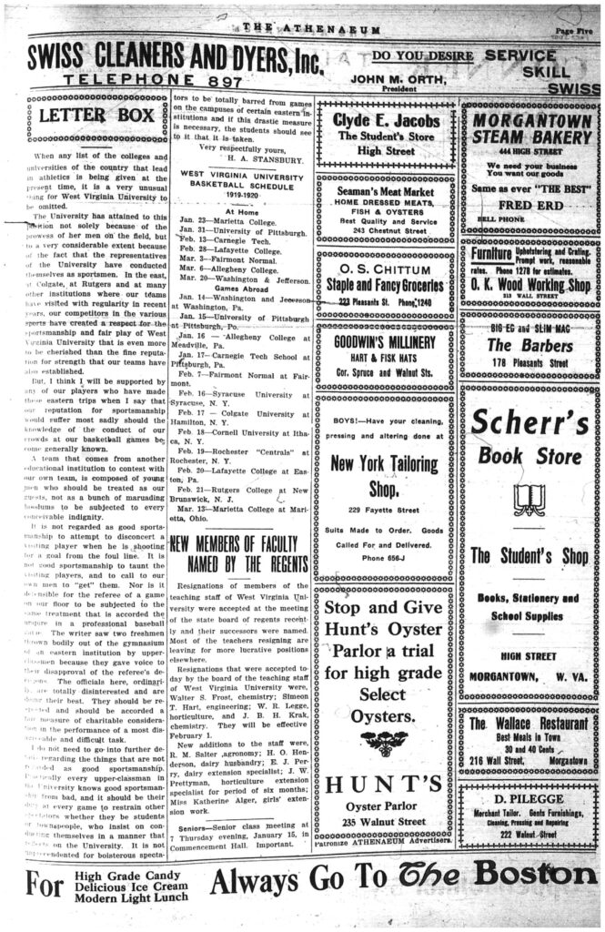 Fifth page of the Athenaeum newspaper, including text and ads