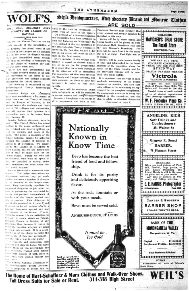 Seventh page of the Athenaeum newspaper, including text and ads