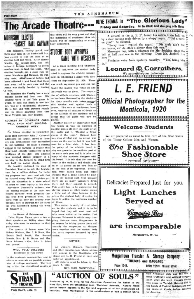 Eighth page of the Athenaeum newspaper, including text and ads