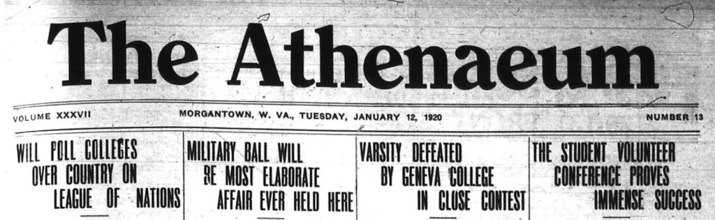 Masthead from The Athenaeum newspaper in 1920, with headlines mentioning the League of Nations,  military ball, sports, and student volunteer conference