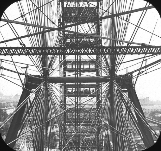 View of the world's first Ferris Wheel from a passenger car at the center point.