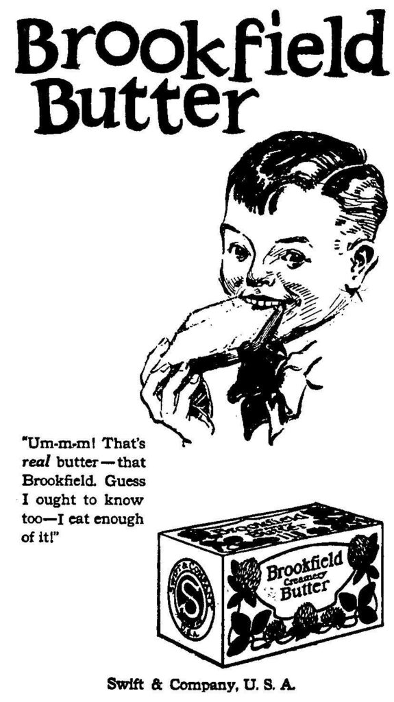 Brookfield Butter advertisement featuring a boy eating a slice of buttered bread and a box of the butter.