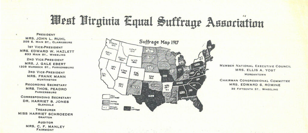 Map of the United States with shading to show which states had women's suffrage in 1917.