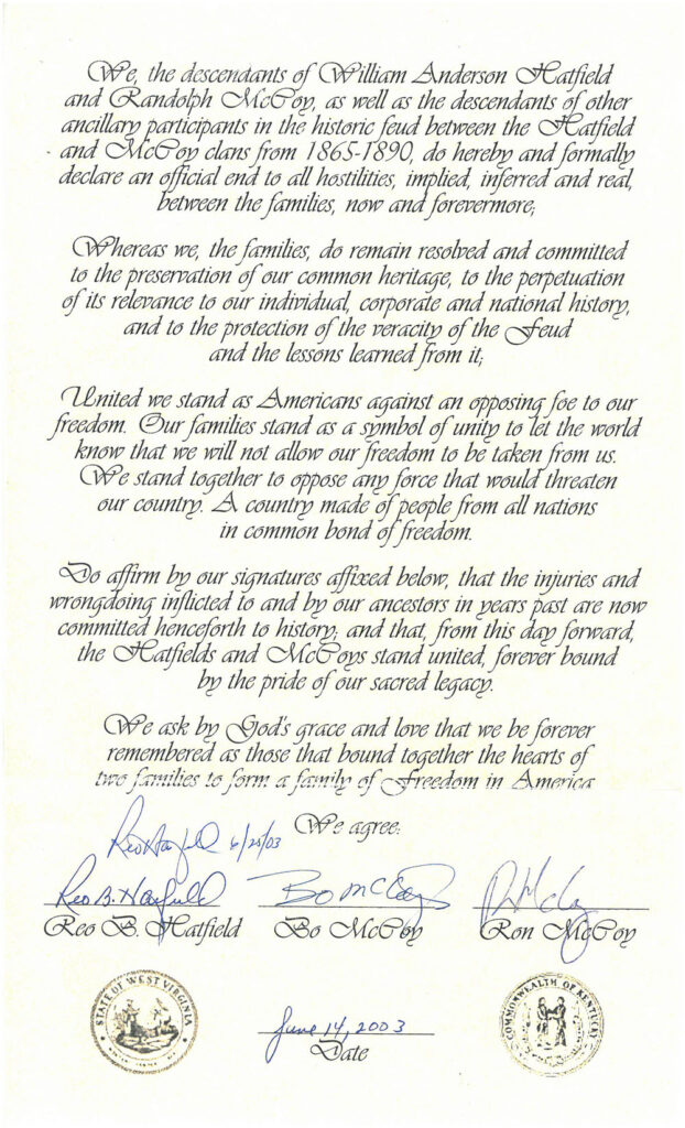 A unity statement between the Hatfield and McCoy families, signed by Reo B. Hatfield, Bo McCoy, and Ron McCoy, dated June 14, 2003.