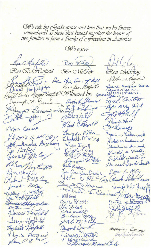 Second page document of the unity statement between the Hatfields and McCoys, with signatures of dozens of family members.