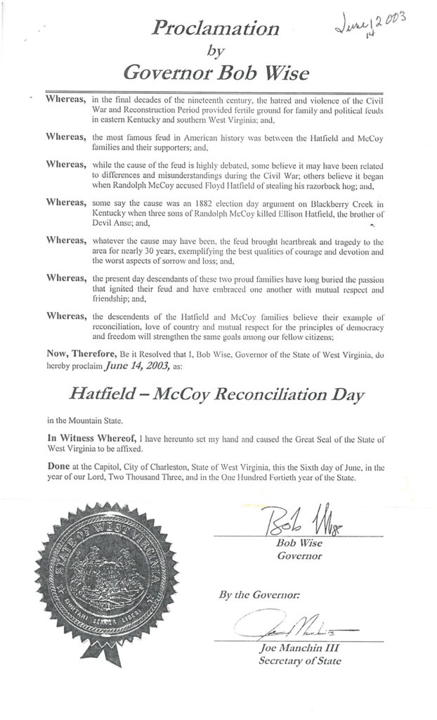 Official declaration document (with state seal) of June 14, 2003 as Hatfield-McCoy Reconciliation Day, by Governor Bob Wise